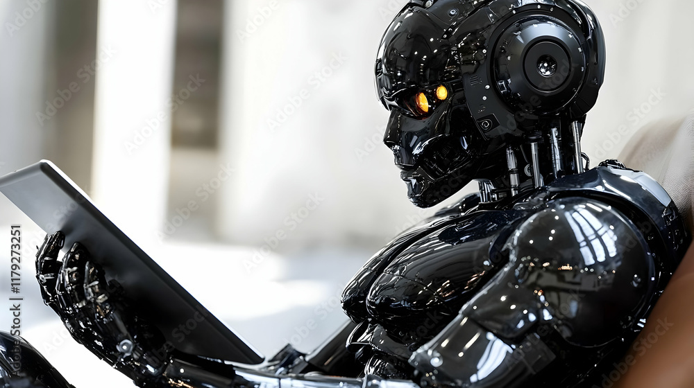 Poster sleek black robot uses a tablet in modern setting, immersed in digital interface.