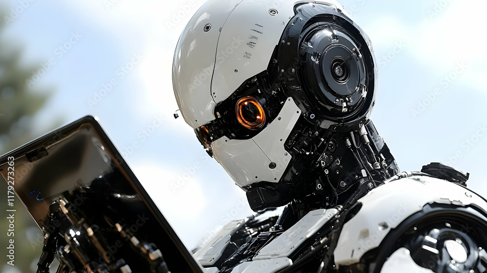 Aufkleber advanced robot interacts with tablet, embracing technological advancement and future of automation.