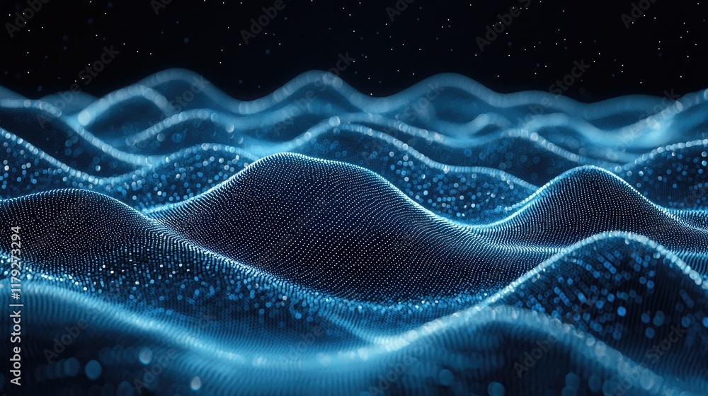 Poster abstract blue particle waves: digital art, futuristic technology background. mesmerizing flow of dat