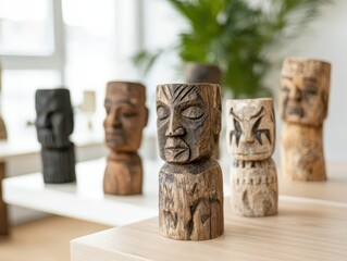 Rustic Wooden Carvings Representing Cultural Heritage for Black History Month Displayed in a Bright Interior Setting