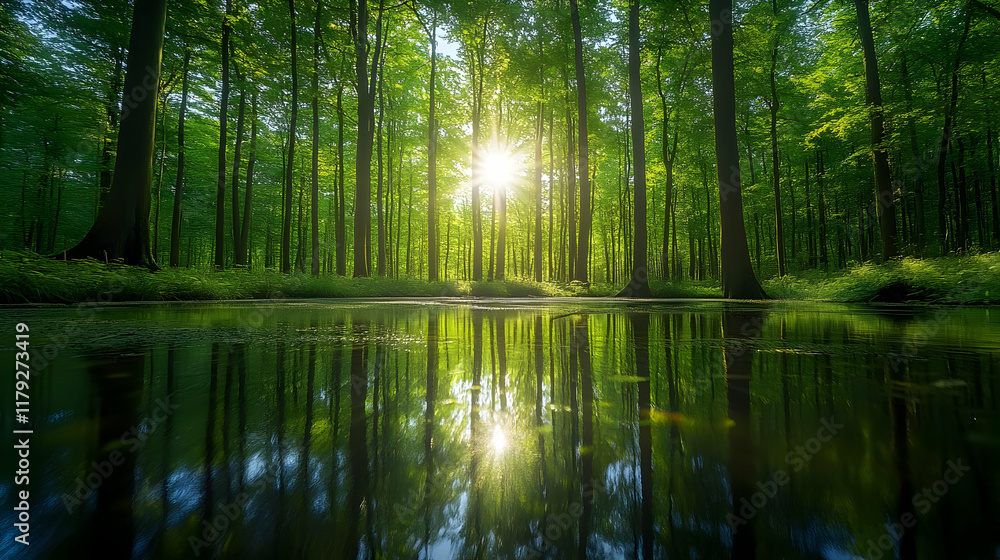 Poster sunlight filters through lush green trees reflected in tranquil forest pond creating a serene atmosp