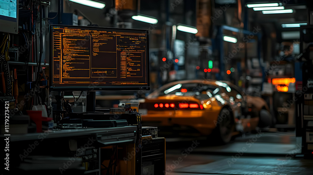 Aufkleber computer displays code in a dimly lit garage with a blurred car in the background.
