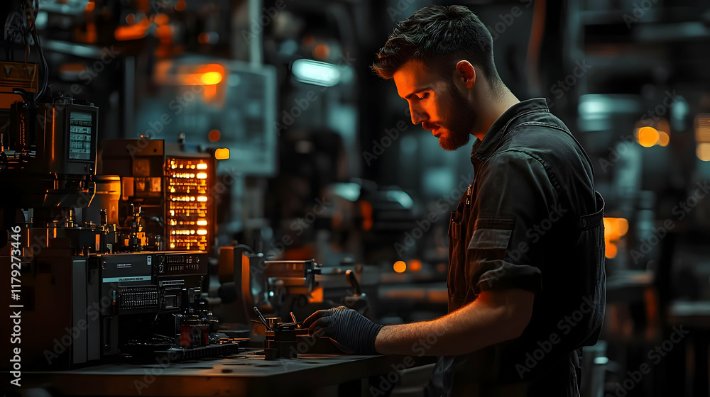 Poster industrial worker examines component in factory setting meticulously with precision tools under warm
