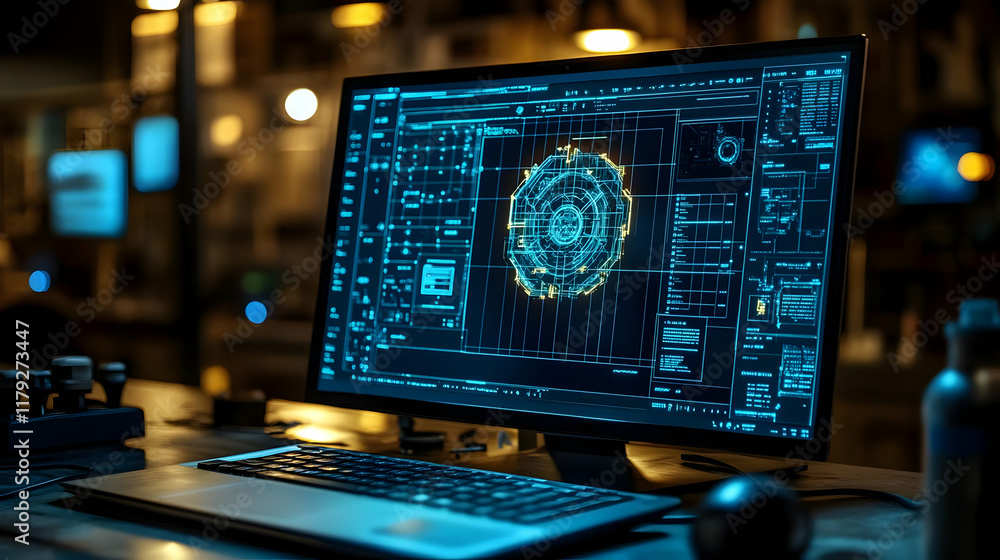 Poster computer monitor displays futuristic interface in dark room with ambient lighting.