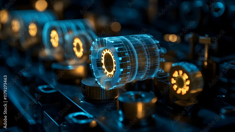 Poster futuristic engine hologram projection displays detailed internal components with glowing lights and 