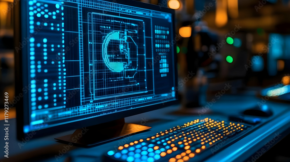 Poster computer displays futuristic circuitry diagram with glowing keyboard and mouse in dark room