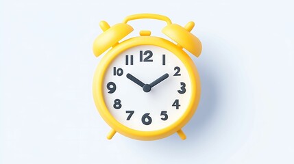 A vibrant yellow alarm clock with a classic design, displaying the time clearly against a light background.