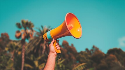 A hand grips a vibrant megaphone, amplifying strong messages during an outdoor event surrounded by palm trees and blue skies