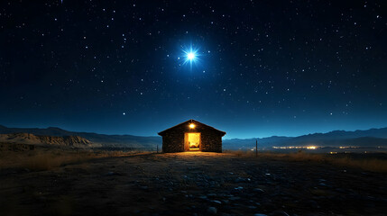 A Lonely Stone Hut Illuminates Under a Bright Starry Night Sky in a Tranquil Desert Landscape.