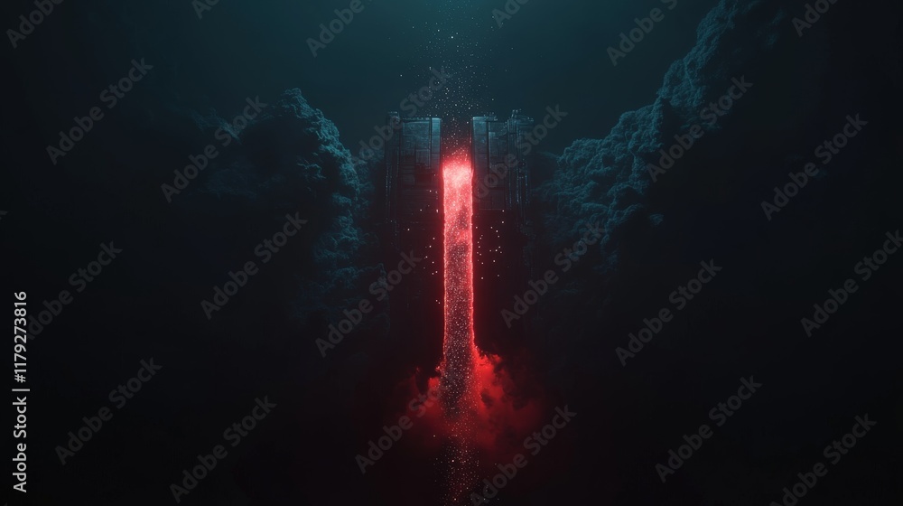 Poster Enigmatic Red Light Emanating from Waterfall in Dark Underwater Scene with Creative Particle Effects