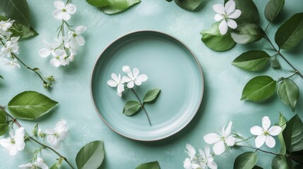 Zen-inspired flatlay, pristine circular plate, emerald green leaves, dainty white blooms, seafoam colored surface, nature-inspired styling, professional product photography, soft natural lighting,