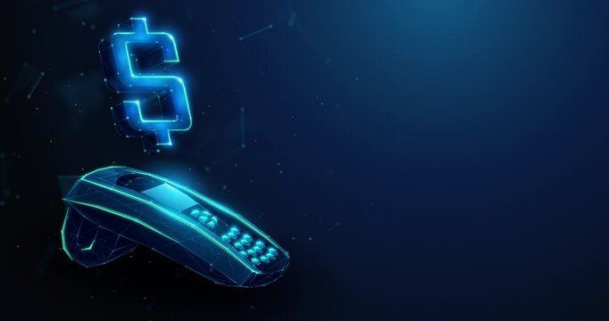 Abstract looped animation of low poly USD Dollar currency symbol over pos paying terminal. Payment process on point of sale terminal technology animated concept by wireframe mesh on blue background.