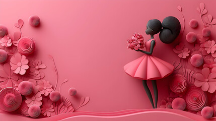 Pink floral backdrop with girl holding bouquet; decorative, elegant, feminine scene.