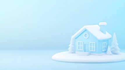 Fototapeta premium A serene winter landscape featuring a cozy blue house surrounded by snow, set against a pale blue background.