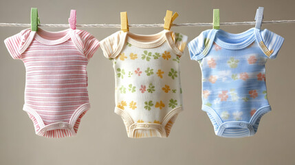 Three Baby Onesies Hang on a Clothesline, showcasing patterns and soft colors against a neutral backdrop.