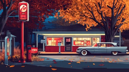 A retro diner scene with autumn leaves, a classic car, and a cozy atmosphere.