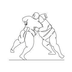 One continuous single drawing line art flat doodle sumo, fight between two sumo wrestlers, sport, religion, betting, japan. Isolated image hand draw contour on a white background, hand drawn, not AI
