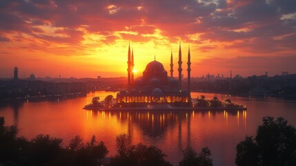 Naklejka premium Majestic mosque at sunrise, reflecting in calm water.