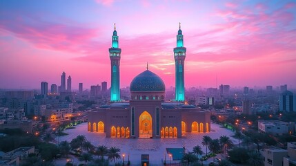 Fototapeta premium Majestic mosque at sunrise, city skyline.