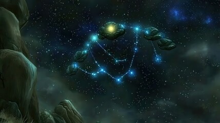 Ethereal Night Sky with Glowing Stones and Cosmic Connections in a Stellar Landscape