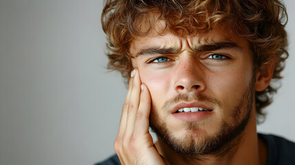 Young Man Experiences Jaw Pain, Grimacing in Discomfort Against a Neutral Background