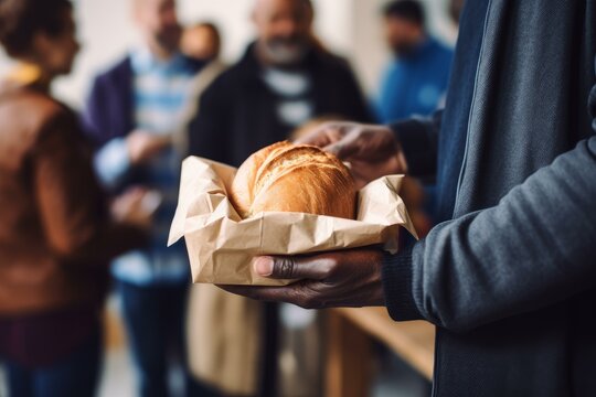 Volunteer offering fresh bread to homeless people, providing food and support during challenging times