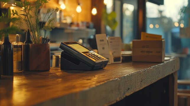 Electronic payment process, smartphone interaction, payment device setup, warm wood countertop, low light ambiance, bokeh effect, documentary style, authentic moment capture
