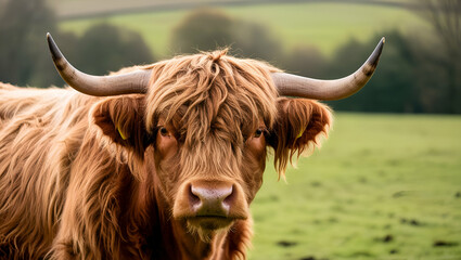 A close-up of a highland cattle with its distinctive long, shaggy coat and curved horns, standing gracefully on a rustic farm.
