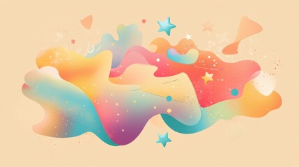 Social feedback illustration, oversized mobile device, character interactions, rating stars, comment bubbles, wavy abstract elements, soft color combinations, flat graphic style
