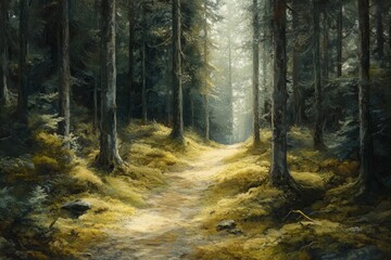 Obraz premium Lush forest floor covered in moss with sunlight streaming through tall trees