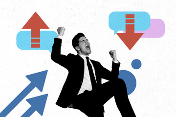 Composite creative art collage of excited businessman win arrow career development success bubble...