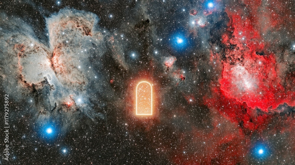 Poster mysterious gateway in cosmic space surrounded by colorful nebulae and bright stars in the depths of 