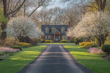 Spring orchard road with blooming trees and soft sunlight