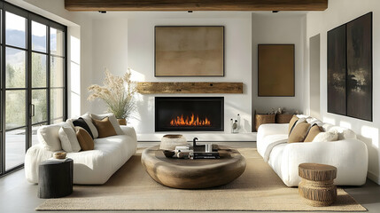 Modern Living Room Showcases Rustic Elegance with Neutral Colors and Natural Materials, Creating a Serene Atmosphere.