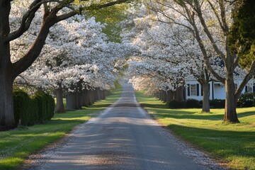 Obraz premium Residential street framed by cherry blossom trees in full bloom