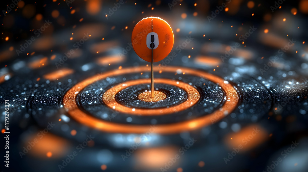 Poster orange number eight pinned on a target with glitter and bokeh lights in a dark background
