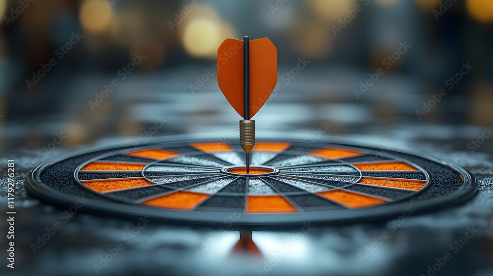 Poster orange dart strikes bullseye on a dartboard with a blurred background