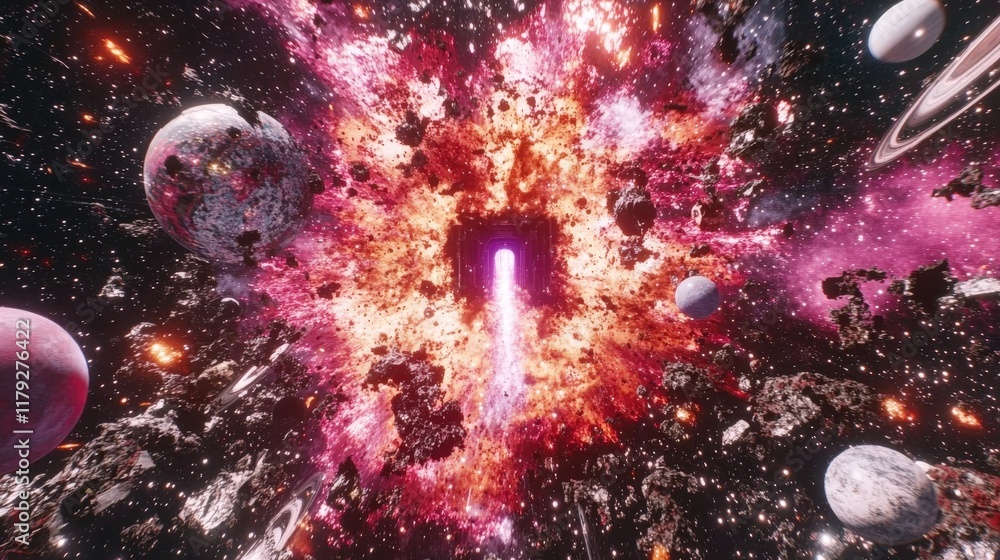 Poster cosmic explosion with colorful nebulae and celestial bodies in an expansive universe scene