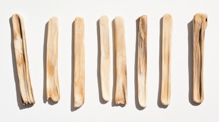 A row of eight natural wooden sticks, varying in shape and color.
