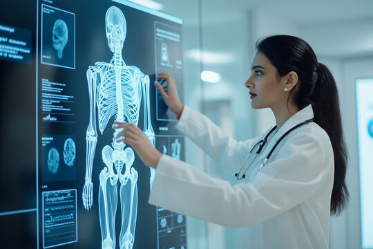 A woman is looking at a computer screen with a skeleton on it