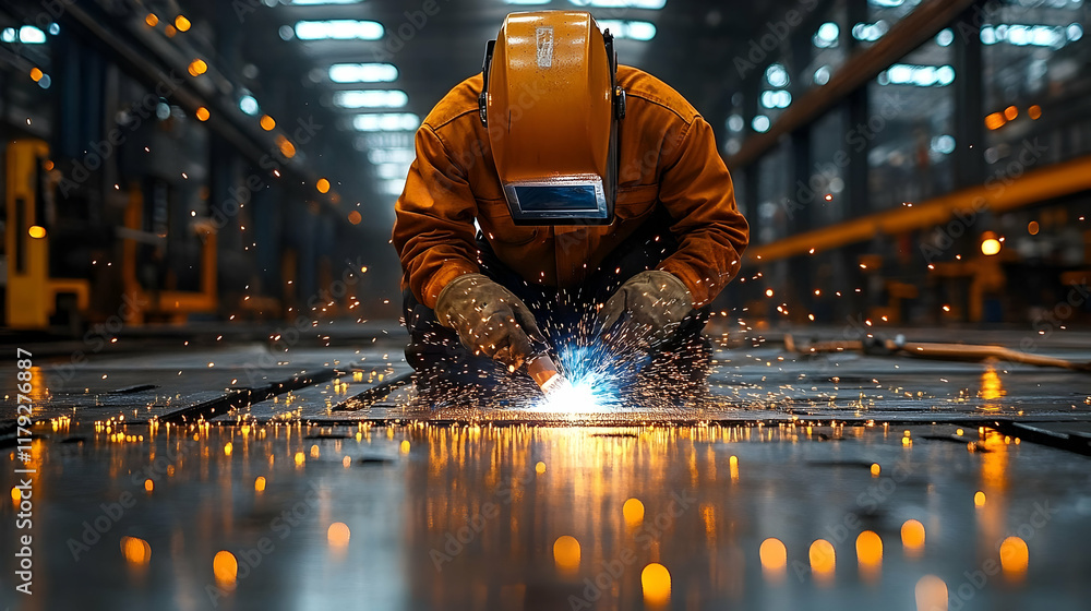 Aufkleber industrial worker wields welding torch, creating sparks in factory setting with blurred lights