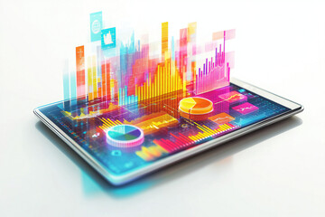 Digital analytics isometric concept. 3d graph data on phone screen, icons, virtual graphics. Statistics information report for business. illustration for app, web, SEO, financial infographic