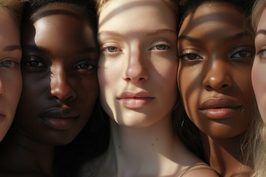 Four diverse models posing together, celebrating ethnic diversity and natural beauty