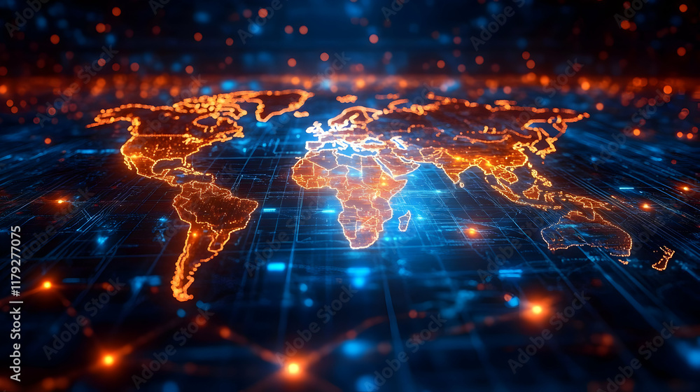 Poster glowing world map shows global connectivity and data flow with futuristic design