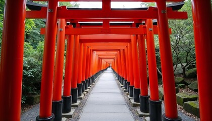 Vibrant red Torii gates lined along a pathway in a serene garden setting
