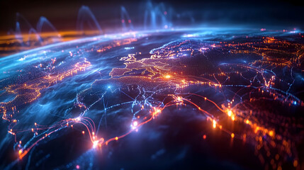 Glowing Lines Connect Cities Across Earth, Illuminating Global Networks and Communications Vividly.
