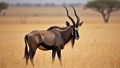 Majestic oryx standing in golden grassland with horns prominently displayed