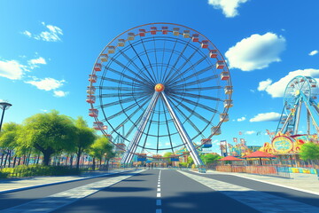 Ferris wheel ride adventure amusement park visual experience sunny day wide-angle view fun and joy