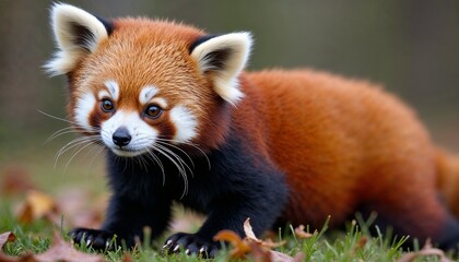 Adorable red panda walking on the ground in a natural setting