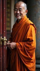 Fototapeta premium Buddhist monk smiling warmly in traditional orange robes
